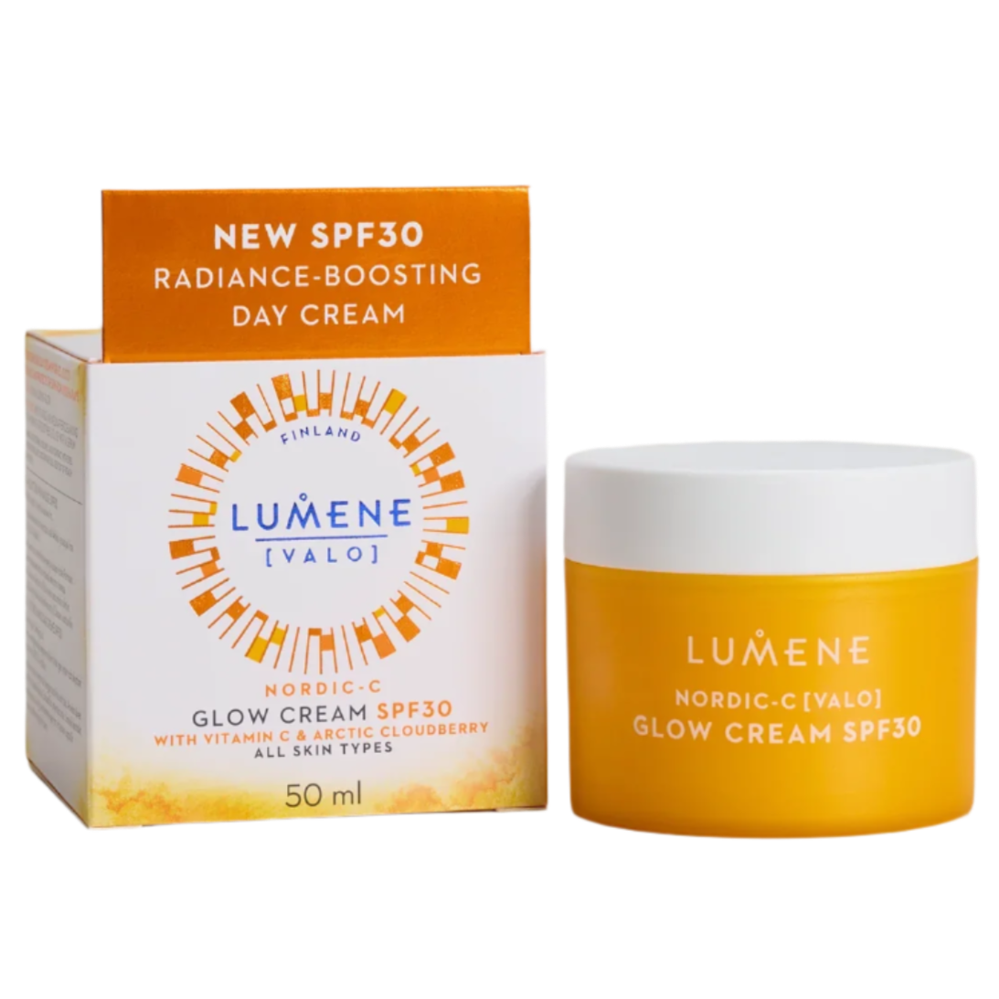 In der Verpackung befindet sich ein gelb-weißer Tiegel der Lumene Nordic-C Glow Cream SPF30 mit LSF30-Schutz, strahlendem Vitamin C und einer arktischen Moltebeerenformel für alle Hauttypen.