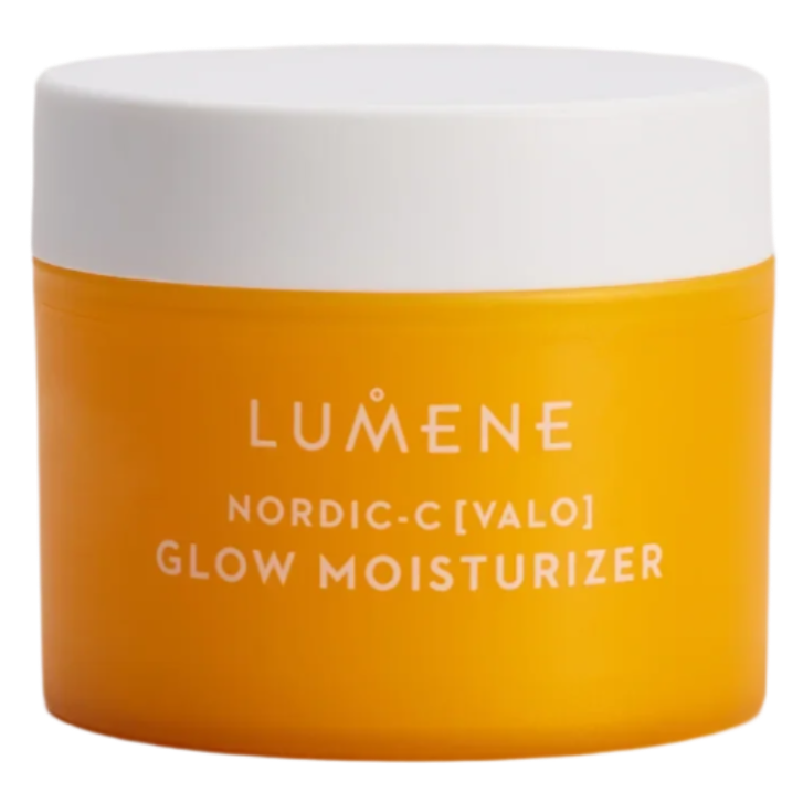 Ein leuchtend orangefarbener Tiegel mit weißem Deckel und der Aufschrift Lumene Nordic-C Glow Moisturizer by Lumene ist vor einem schlichten weißen Hintergrund zu sehen.