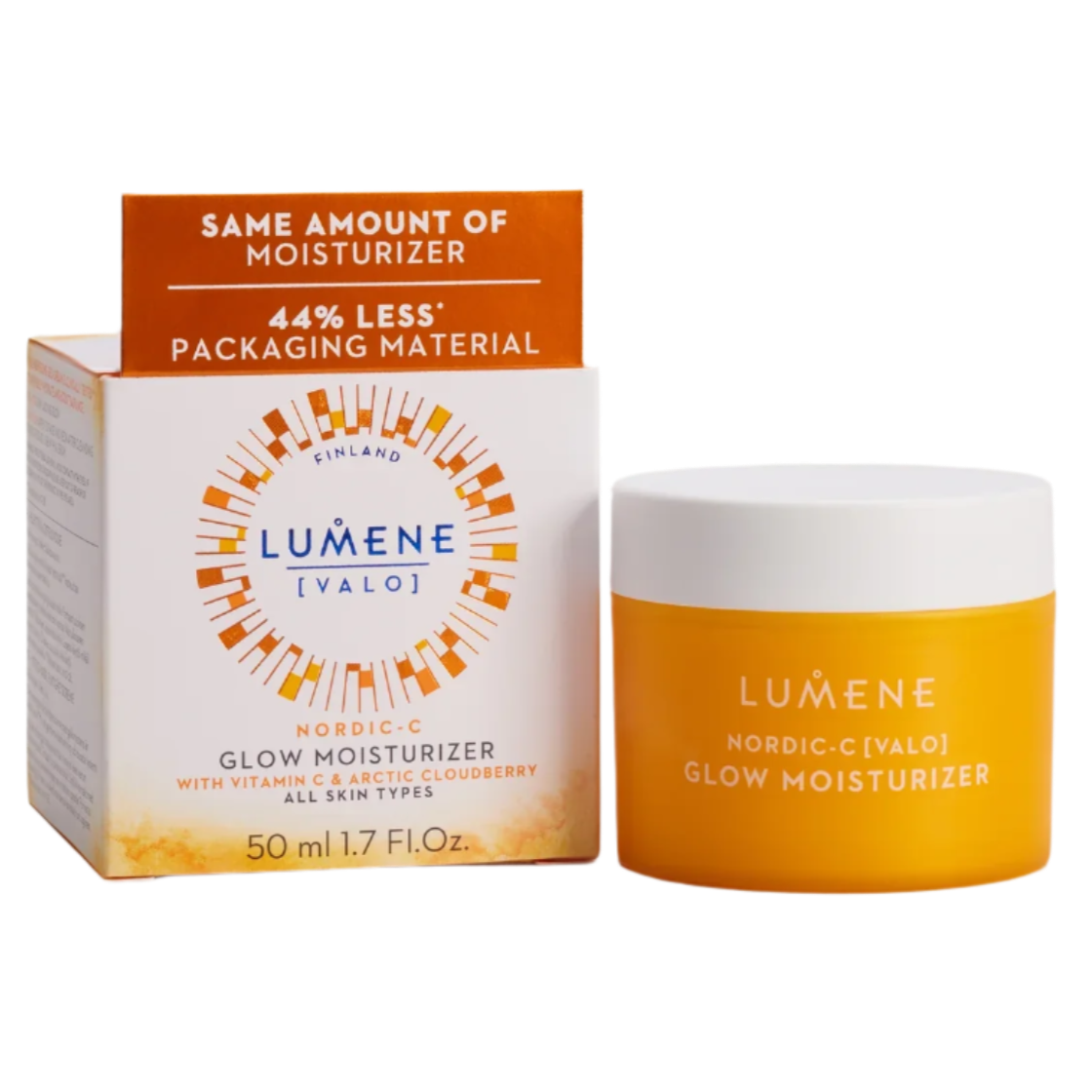 Der neue Lumene Nordic-C Glow Moisturizer mit Vitamin C und arktischer Moltebeere kommt mit 44 % weniger Verpackungsmaterial aus und ist damit eine nachhaltigere Hautpflegeoption.