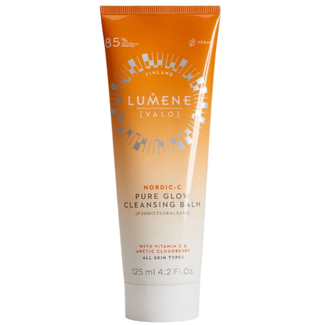 Eine orange-weiße 125-ml-Tube Lumene Nordic-C Pure Glow Cleansing Balm mit Vitamin C und arktischer Moltebeere; vegan und für alle Hauttypen geeignet.