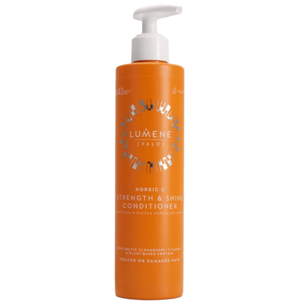 Eine orangefarbene Pumpflasche von Lumene Nordic-C Strenght & Shine Conditioner für behandeltes oder geschädigtes Haar, mit silbernem Text und Akzenten.