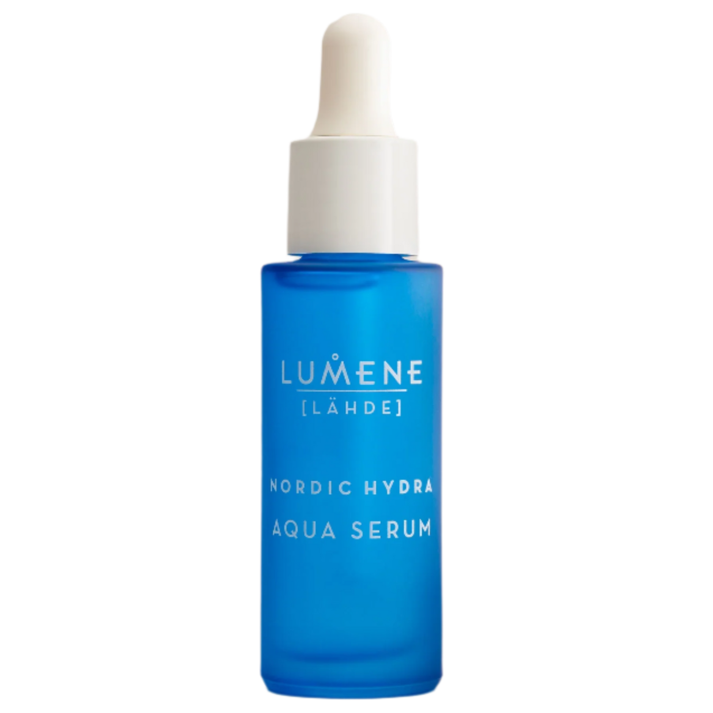 Eine blaue Glastropfenflasche von Lumene Nordic Hydra Aqua Serum mit weißer Kappe ist vor einem weißen Hintergrund abgebildet und bietet als Gesichtsserum tiefe Hydratation.