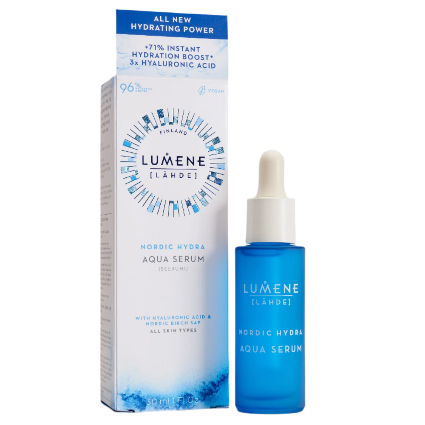 Eine blaue Tropfflasche des Lumene Nordic Hydra Aqua Serum von Lumene steht neben der weiß-blauen Schachtel mit Produktinformationen über Tiefenhydration und Hyaluronsäure.
