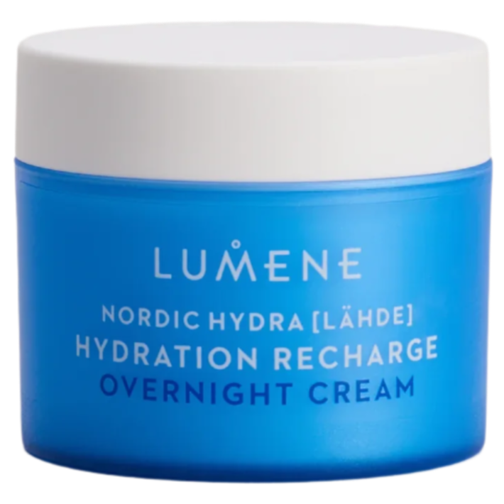 Der blaue Tiegel der Lumene Nordic Hydra Hydration Recharge Overnight Cream mit weißem Deckel und weiß-blauem Text spendet Ihrer Haut über Nacht intensive Feuchtigkeit durch Hyaluronsäure.
