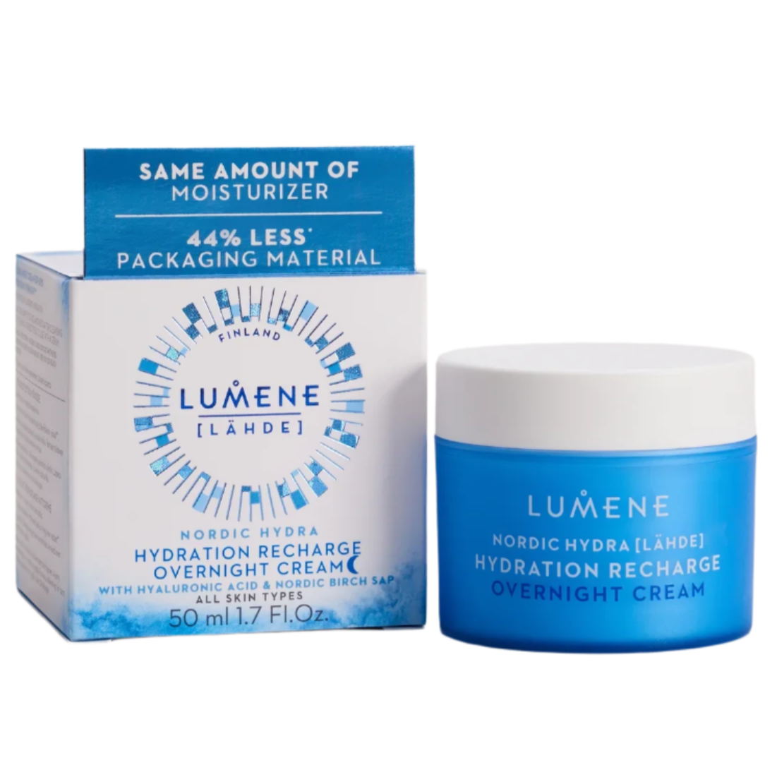 Die Lumene Nordic Hydra Hydration Recharge Overnight Cream wird in einer blau-weißen Schachtel mit einem passenden 50-ml-Tiegel geliefert und bietet tiefenwirksame Feuchtigkeit für alle Hauttypen, mit Hyaluronsäure und einer umweltfreundlichen Verpackung.