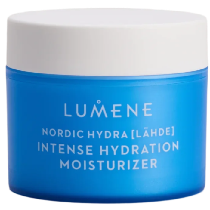 Der blaue Tiegel der Lumene Nordic Hydra Intense Hydration Moisturizer mit weißem Deckel spendet lang anhaltende, intensive Feuchtigkeit. Marke: Lumene.