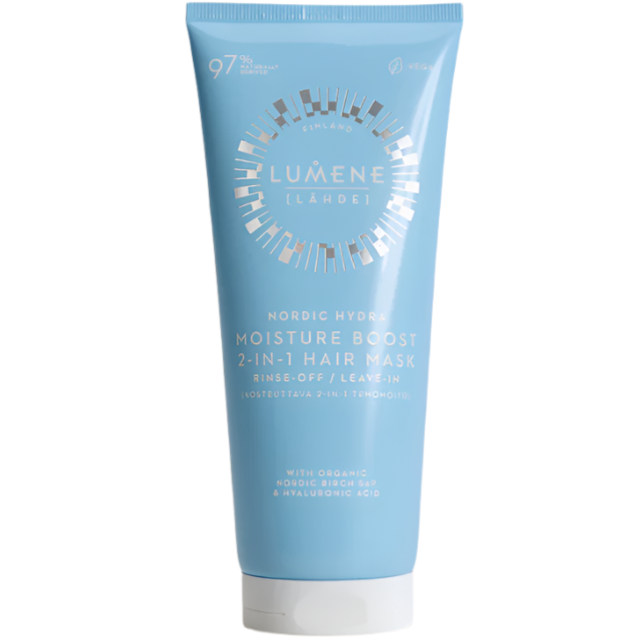 Eine blaue Tube der Lumene Nordic Hydra Moisture Boost 2-in-1 Haarmaske mit weißer Aufschrift, die zum Ausspülen oder als Leave-in-Behandlung zur Tiefenhydratisierung mit Hyaluronsäure verwendet wird.