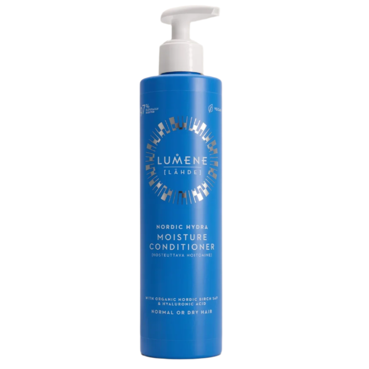 Eine blaue Flasche Lumene Nordic Hydra Moisture Conditioner von Lumene mit einem weißen Pumpspender, mit weißem und goldenem Text und Design auf dem Frontetikett.