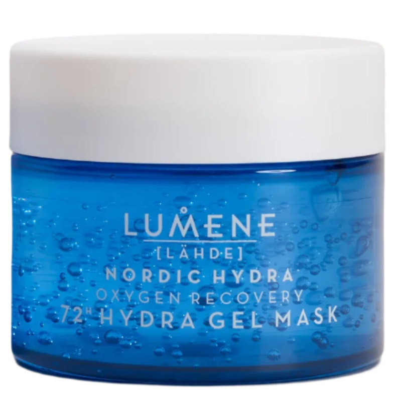 Der blaue Lumene Nordic Hydra Oxygen Recovery 72h Hydra Gel Mask-Tiegel mit weißem Deckel und sichtbaren Gel-Blasen spendet tiefenwirksame Feuchtigkeit mit Hyaluronsäure - ein echtes Lumene-Hauptprodukt der nordischen Hautpflege.