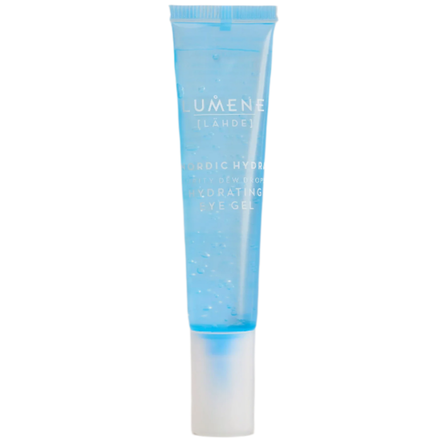 Eine blaue Tube Lumene Nordic Hydra Purity Dew Drops Hydrating Eye Gel mit einer durchsichtigen Kappe, die klares Gel enthält und mit weißer Schrift beschriftet ist.