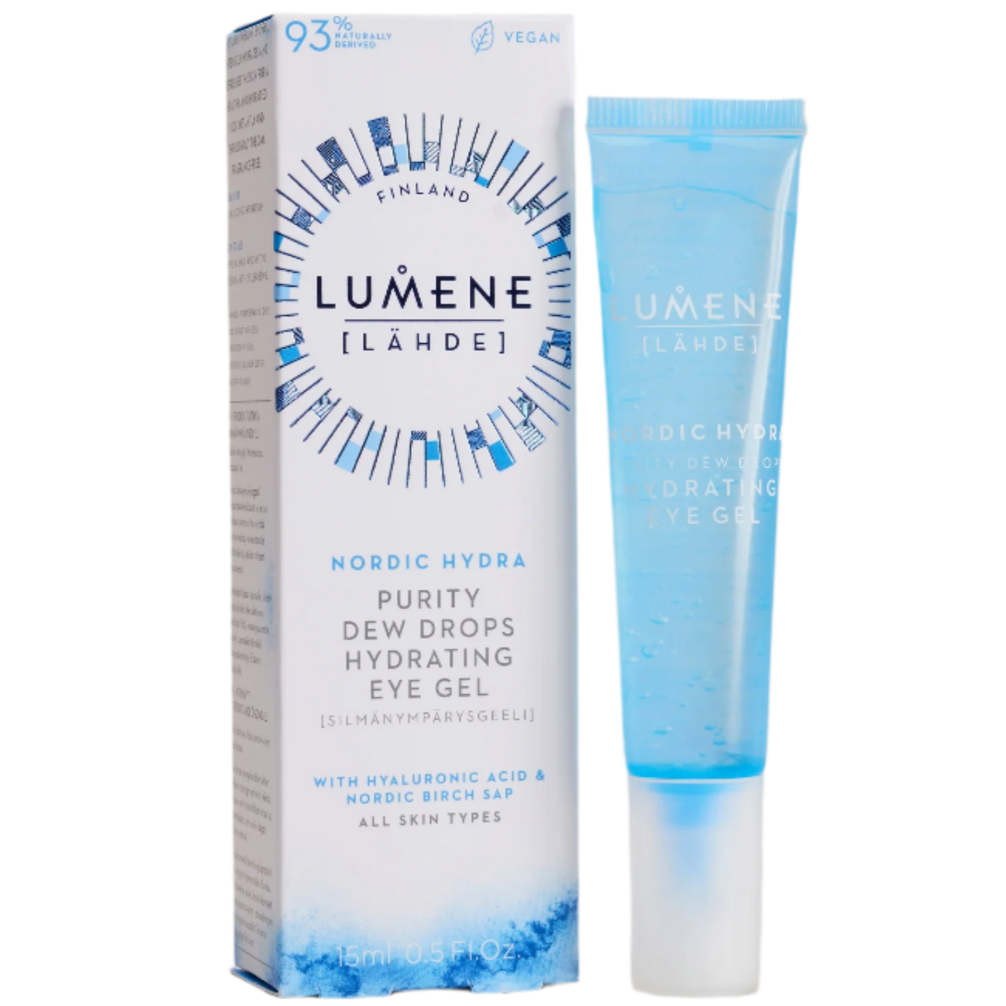 Eine 15-ml-Tube Lumene Nordic Hydra Purity Dew Drops Hydrating Eye Gel steht in einer blau-weißen Schachtel mit dem Lumene-Branding. Das Gel spendet Feuchtigkeit mit Hyaluronsäure, hilft Schwellungen zu reduzieren und erfrischt die Augenpartie.