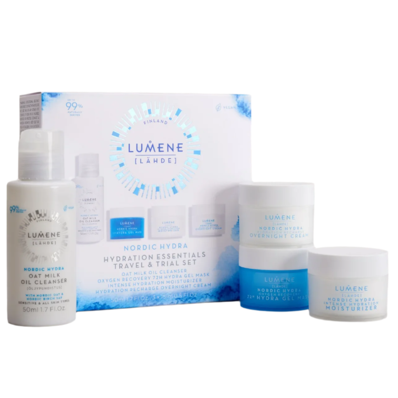 Vier Lumene Nordic Hydra Hautpflegeprodukte (Hafermilch-Ölreiniger, Nachtcreme, HA-Feuchtigkeitscreme und Wasser-Gel) sind in der blau-weißen Lumene Nordic Hydra Travel Kit Box abgebildet.