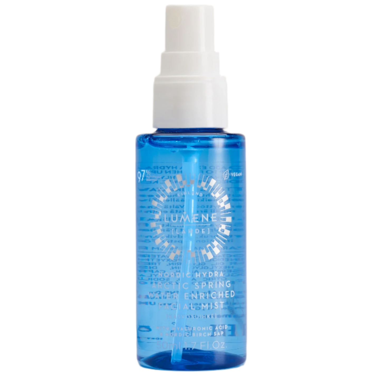 Eine blaue 100-ml-Flasche von Lumene Nordic Hydra Water Enriched Facial Mist mit Hyaluronsäure, weißer Sprühkappe, weißem Text und einem kreisförmigen Design auf der Vorderseite.