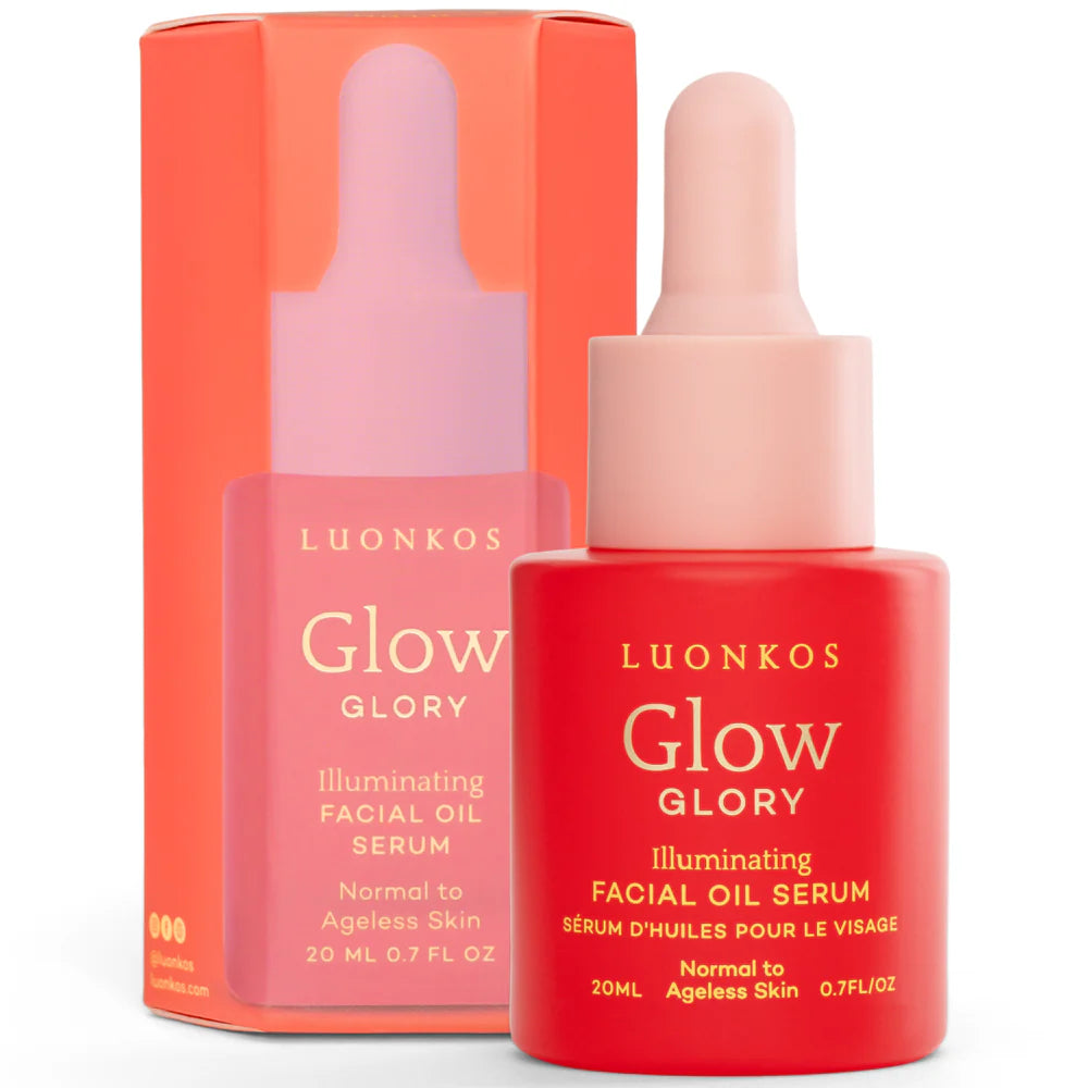 Eine rote und rosafarbene Tropfflasche mit der Aufschrift Luonkos Glory Facial Oil Serum steht vor der dazugehörigen Schachtel; beide geben an, dass es für normale bis alterslose Haut geeignet ist, tiefe Feuchtigkeit spendet und in einer Größe von 20 ml (0,7 fl oz) erhältlich ist.