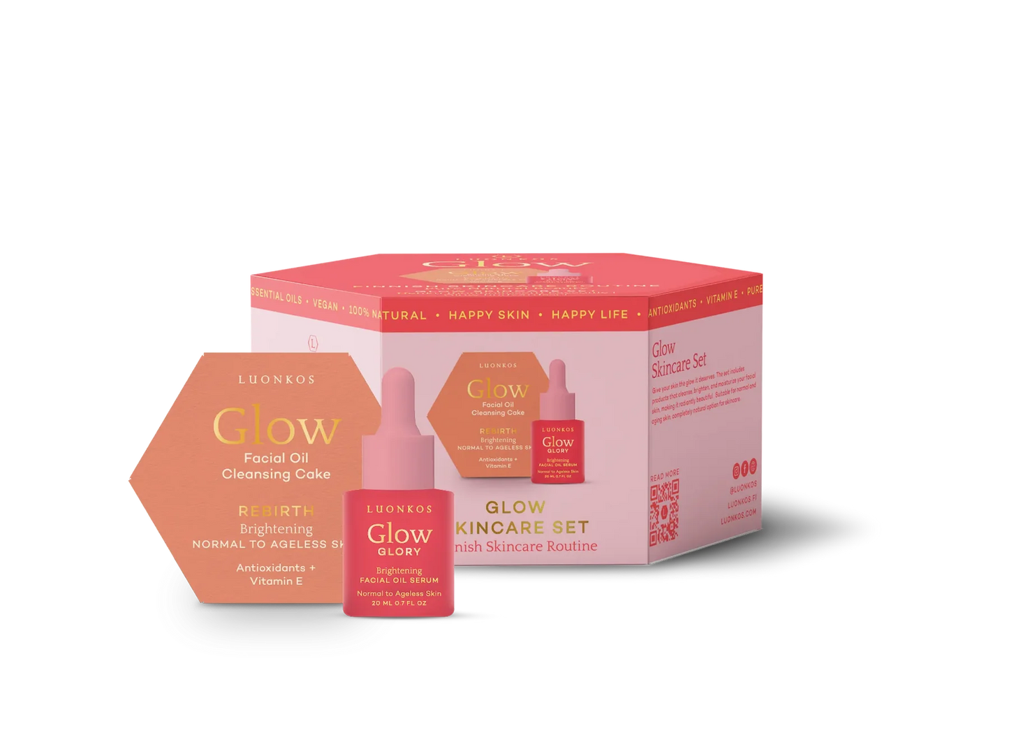 Das rosafarbene und orangefarbene Luonkos Glow & Shine Skincare Set enthält eine Tropfflasche und eine sechseckige Seife, die sich ideal für die Aufhellung normaler bis altersloser Haut eignet - eine perfekte Ergänzung Ihrer Pflege-Routine mit finnischer Naturkosmetik.