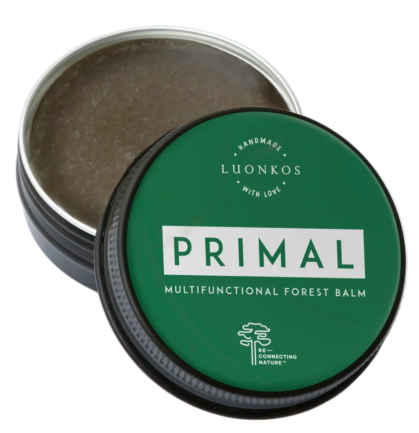 Die runde Dose des Luonkos Primal Multifunctional Forest Balm mit grünem Deckel ist teilweise geöffnet und gibt den Blick auf den hellbraunen Balsam frei. Das Etikett mit weißem Text und dem kleinen Baum-Logo von Luonkos ist perfekt für zu Ekzemen neigende Haut.