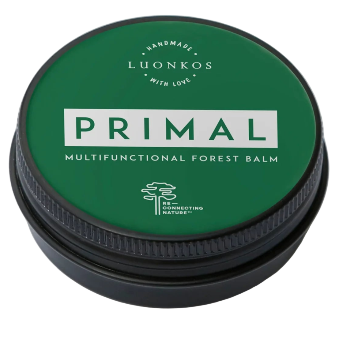 Eine grüne, runde Luonkos-Dose mit der Aufschrift "Primal Multifunctional Forest Balm" für zu Ekzemen neigende Haut ist mit weißem Text und einem Baumsymbol auf weißem Hintergrund versehen.
