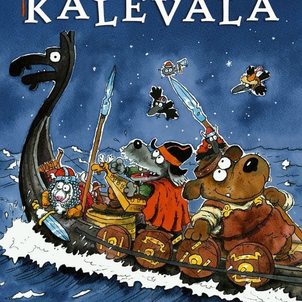 Das Otava-Buch "Mauri Kunnas: The Canine Kalevala" hat ein Cover im Stil von Kunnas, auf dem Cartoon-Wikingerhunde abgebildet sind, die mit einem Holzschiff durch die Wellen segeln - eine verspielte Variante des hündischen Nationalepos.