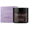 Ein dunkler 50-ml-Tiegel der Moi Forest Microbiome Magic Face Cream für empfindliche Haut steht vor der lilafarbenen Schachtel. Der Tiegel hat einen schwarzen Deckel und trägt die Aufschrift "Renew & Repair" auf dem Etikett. Marke: Moi Forest.