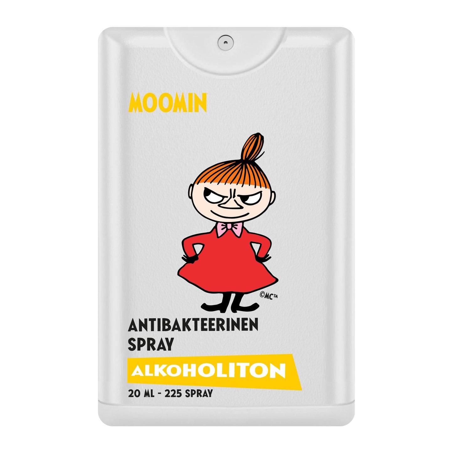 Das alkoholfreie antibakterielle Handspray von Moomin kommt in einer weißen 20-ml-Sprühflasche mit der Kleine My in einem roten Kleid. Die alkoholfreie Formel hat Taschenformat und bietet 225 Sprühstöße für eine bequeme Händedesinfektion an jedem Ort.