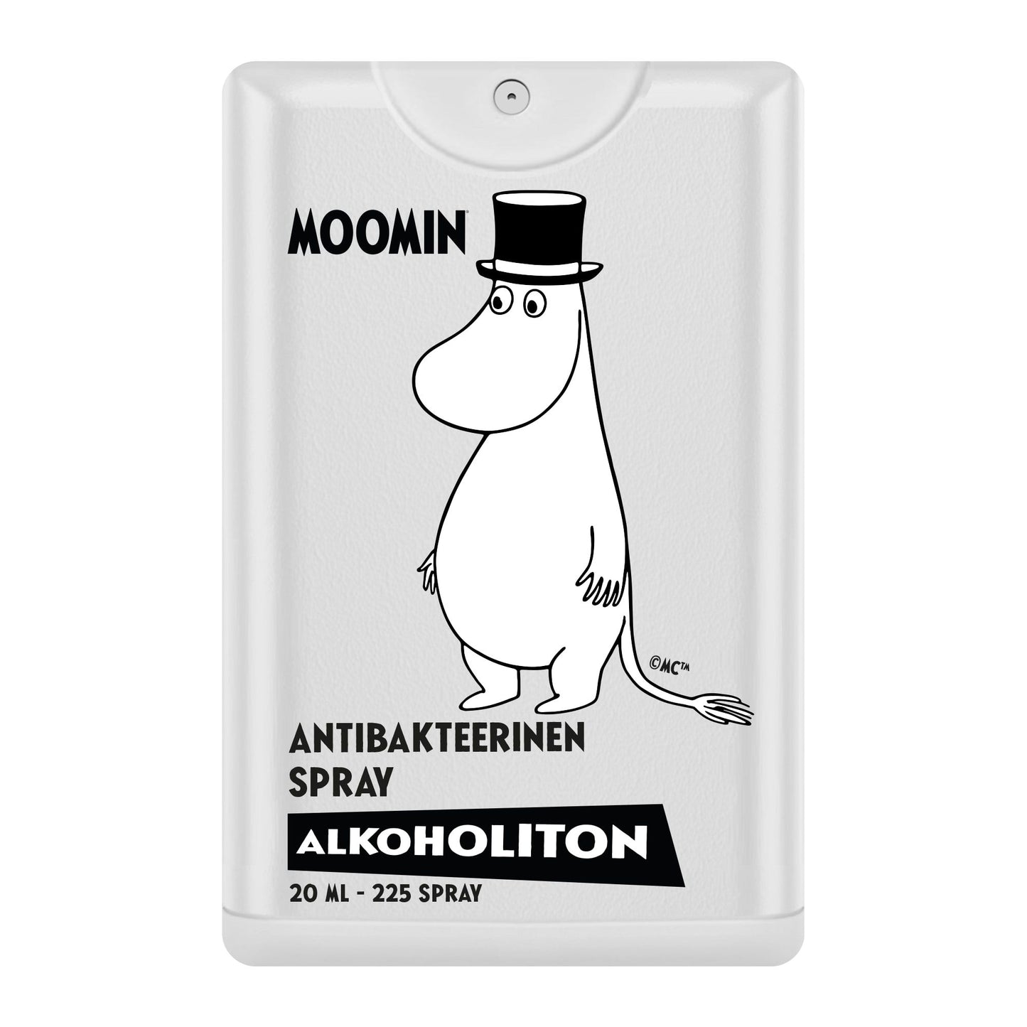 Das alkoholfreie antibakterielle Handspray von Mumin hat einen weißen 20-ml-Behälter mit einer schwarz-weißen Mumin-Figur mit Zylinder und liefert 225 Sprühstöße für die einfache Reinigung der Tasche.