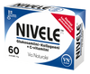 Eine überwiegend weiße Schachtel mit blauen Akzenten enthält 60 Nivele-Kautabletten von Via Naturale mit finnischem Text. Zu den Highlights gehören Glucosamin für die Gesundheit der Gelenke und Knochen, Kollagen und Vitamin C.