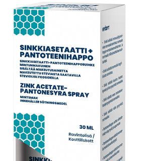 Die weiß-blaue Schachtel des Nordaid Zinkacetat-Pantothensäure-Sprays, 30 ml, ist mit sechseckigen Grafiken und mehrsprachigem Text versehen, die den Gehalt an Zinkacetat zur Unterstützung des Immunsystems hervorheben.