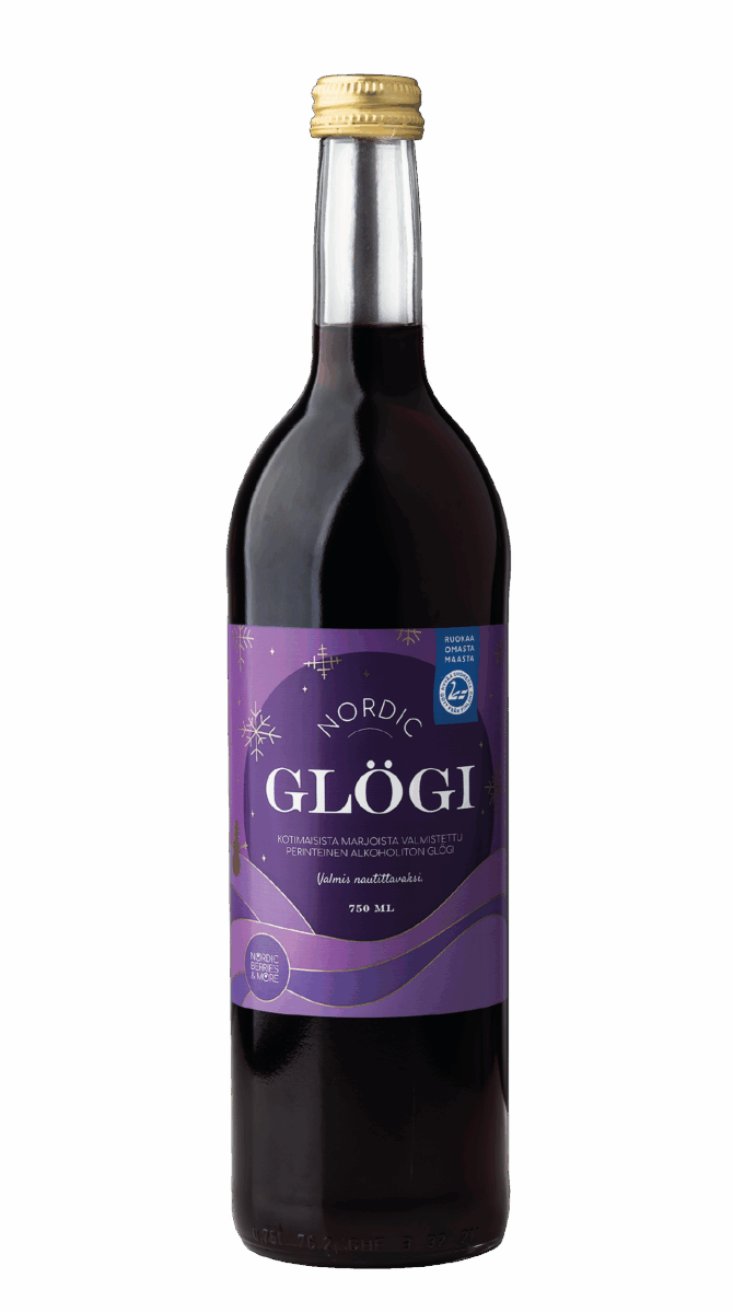 Eine Flasche Poikain Parhaat Nordic Berries More Nordic Glögg hat einen goldenen Verschluss und ein lila Etikett mit weißen und blauen Akzenten, Schneeflocken und Text. Das alkoholfreie Getränk ist ein dunkelrotes finnisches Beerensaftgetränk.