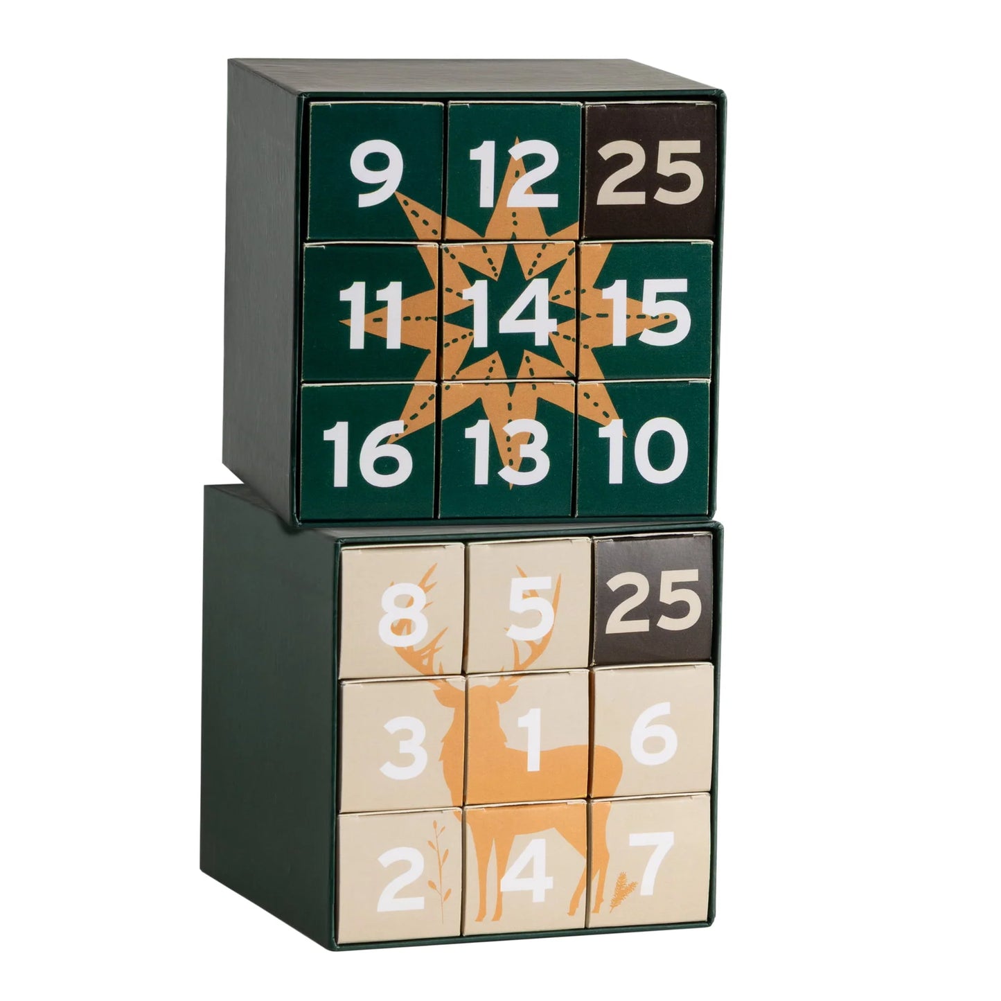 Der Nordqvist Tee-Adventskalender von Nordqvist besteht aus zwei gestapelten Schachteln mit nummerierten Fächern, festlichen Stern- und Hirschmotiven sowie den Zahlen 1-16 und 25 - das perfekte Weihnachtsgeschenk für jeden Nordqvist-Fan.