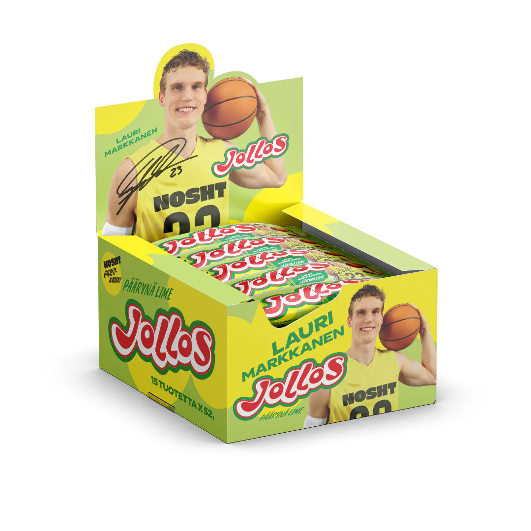 Die grün-gelbe Nosht Jollos Energy Chews Lauri Markkanen Pear & Lime-Displaybox zeigt Lauri Markkanen lächelnd in einem gelben Trikot und hebt die schnell absorbierbaren Kohlenhydrate in den köstlichen Energy Chews hervor.