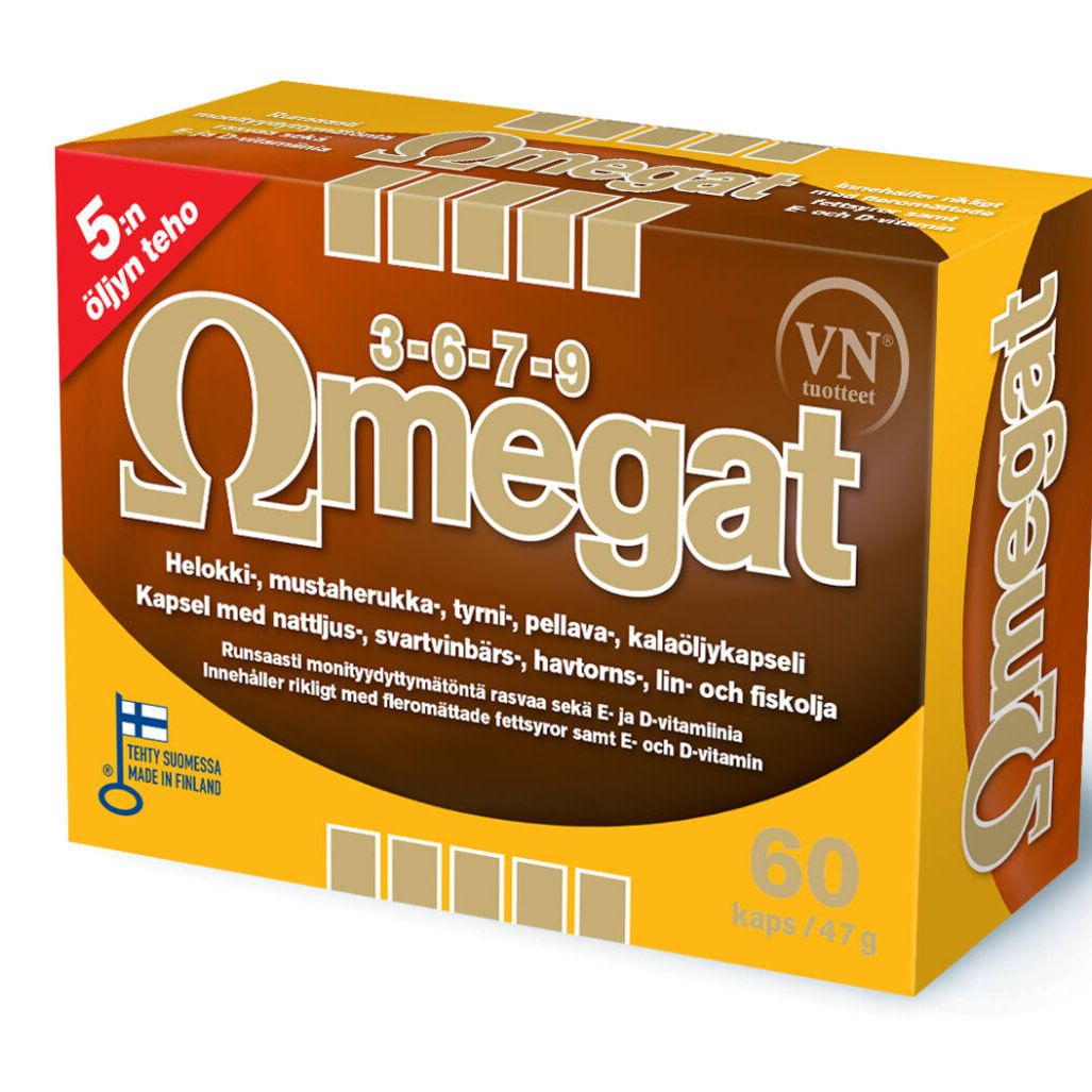 Eine braun-gelbe Schachtel Via Naturale Omegat 3-6-7-9 Nahrungsergänzungsmittel enthält 60 Kapseln mit den Omega-Fettsäuren 3, 6, 7 und 9 aus Sanddorn, schwarzer Johannisbeere, Fischöl und Nachtkerzenöl sowie Vitaminen. Hergestellt in Finnland.