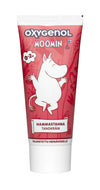 Oxygenol Moomin Baby Zahnpasta 0+ ist eine sanfte Xylitol-Zahnpasta für die ersten Zähne von Babys, geeignet ab der Geburt. Auf der Tube ist ein Cartoon-Moomin auf rotem Hintergrund mit finnischem und schwedischem Text abgebildet. Marke: Oxygenol.
