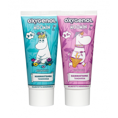 Zwei Tuben Oxygenol Mumin Kinderzahnpasta 3+ Erdbeere mit den beliebten Mumin-Figuren auf der blau-violetten finnischen Verpackung. Diese fluoridhaltige Zahnpasta ist speziell für Kinder ab 3 Jahren geeignet.