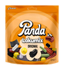 Ein 275-g-Beutel Panda Licorice Mix Original von Panda mit orangefarbenem Hintergrund und verschiedenen Lakritzmotiven - ideal für alle, die authentisches finnisches Lakritz lieben.