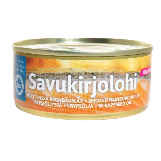 Eine Dose Pielisen Kala Rainbow Trout Smoked In Rapeseed Oil mit finnischem und englischem Text und einem Pull-Tab-Deckel wird vor einem weißen Hintergrund präsentiert.