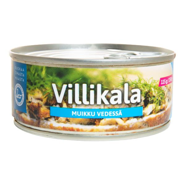 Eine runde Dose mit der Aufschrift "Pielisen Kala Vendace In Water" von Pielisen Kala zeigt finnische Maränen, Kräuter, Omega-3-Vorteile und einen silbernen Pull-Tab-Deckel auf ihrer 115-g-Dose. Ein Bild zeigt den kleinen Seefisch, der in Finnland heimisch ist.