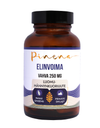 Eine braune Flasche mit der Aufschrift "Pinena Stimulate" von Pinena mit "Luomu-männynkuoriuute", Symbolen für Panax Ginseng und Primavie Shilajit, hebt Pinienrindenextrakt für den Hormonhaushalt hervor, auf weißem Hintergrund mit lila Wellen.