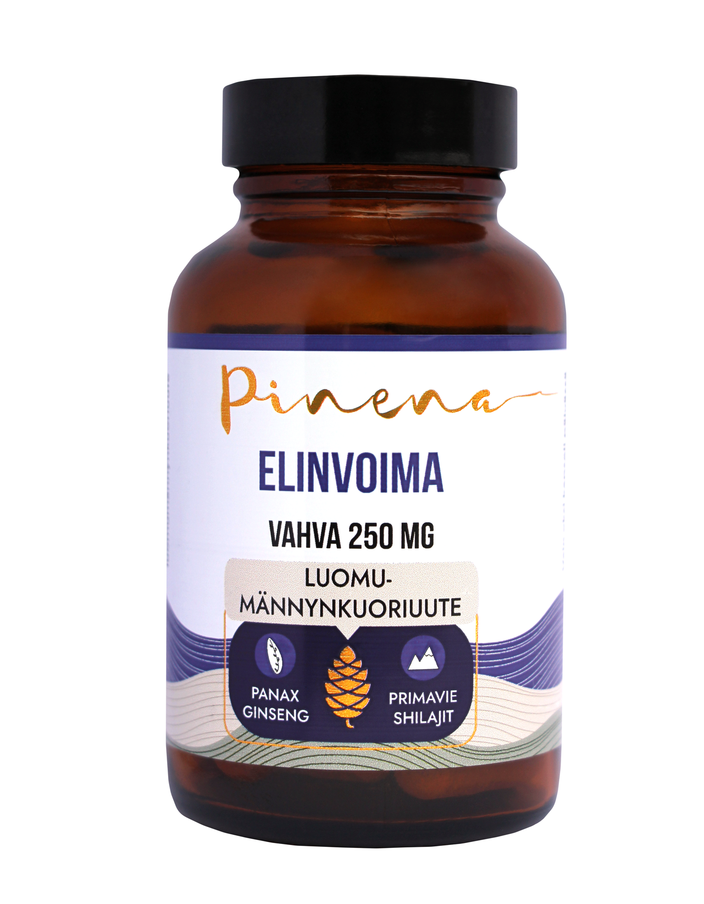 Eine braune Flasche mit der Aufschrift "Pinena Stimulate" von Pinena mit "Luomu-männynkuoriuute", Symbolen für Panax Ginseng und Primavie Shilajit, hebt Pinienrindenextrakt für den Hormonhaushalt hervor, auf weißem Hintergrund mit lila Wellen.