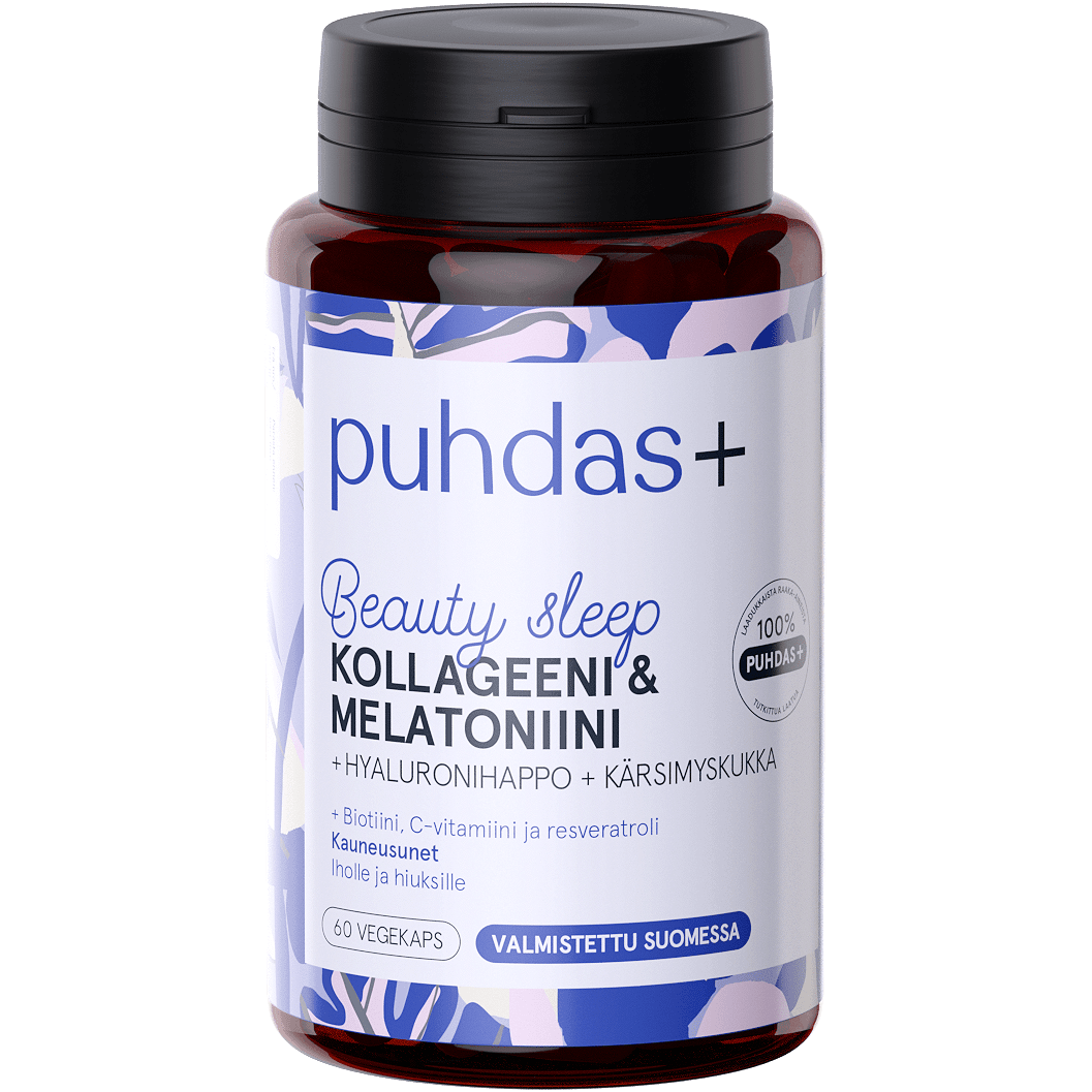 Eine Flasche Puhdas+ Beauty Sleep Collagen & Melatonin ist mit einem lila-weißen Blumenetikett mit finnischem Text versehen. Dieses Nahrungsergänzungsmittel enthält 60 pflanzliche Kapseln, die Kollagen und Melatonin kombinieren, um einen erholsamen Schlaf und die Erneuerung der Haut zu unterstützen.