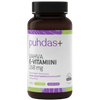 Eine dunkelbraune Flasche mit der Aufschrift Puhdas+ Vitamin E 268 mg, mit lila und grünen Akzenten, enthält 60 Kapseln mit natürlichem Vitamin E zur Unterstützung der Antioxidantien. Der größte Teil des Textes ist in Finnisch. Marke: Puhdas+.