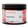 Eine 200-g-Dose Puhdas+ Inositol von Puhdas+, geschmacksneutral und 100 % vegan, ist mit einem farbenfrohen abstrakten Design und finnischem Text versehen und bietet etwa 300 Portionen.