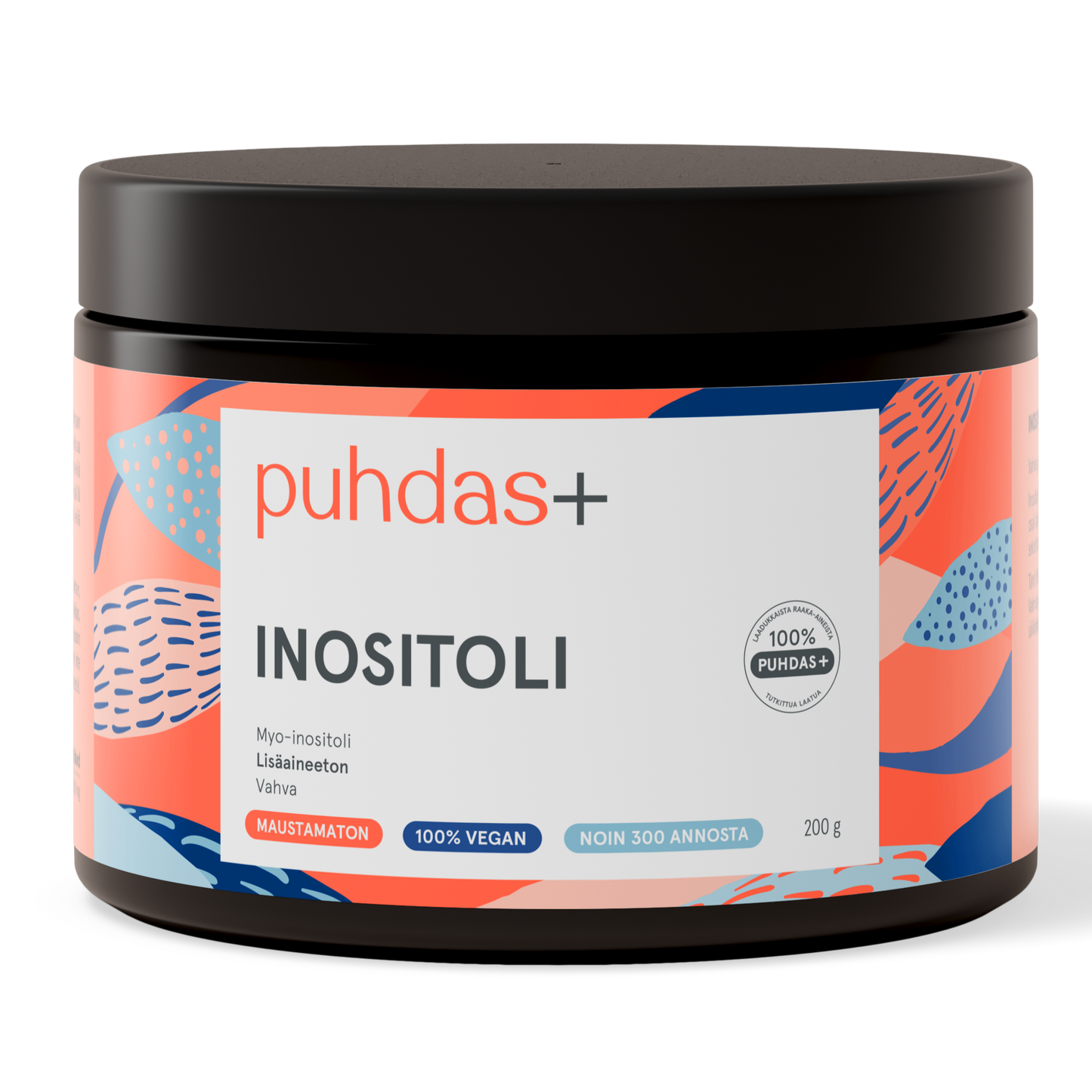 Eine 200-g-Dose Puhdas+ Inositol von Puhdas+, geschmacksneutral und 100 % vegan, ist mit einem farbenfrohen abstrakten Design und finnischem Text versehen und bietet etwa 300 Portionen.