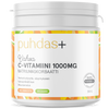 Ein weißer Behälter mit Puhdas+ Vitamin-C-Pulver 1000 mg mit bunten orangefarbenen Scheiben, einem grünen veganen Etikett und finnischem Text auf der Vorderseite mit Dosierung, Inhaltsstoffen und Produktangaben. Marke: Puhdas+.