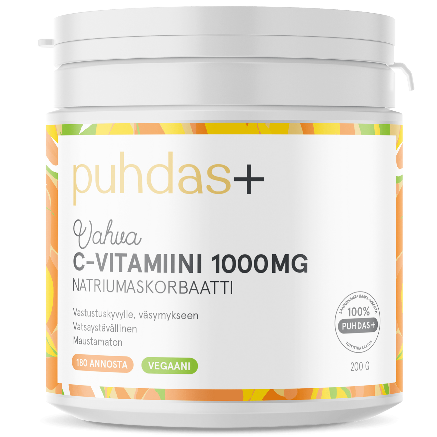 Ein weißer Behälter mit Puhdas+ Vitamin-C-Pulver 1000 mg mit bunten orangefarbenen Scheiben, einem grünen veganen Etikett und finnischem Text auf der Vorderseite mit Dosierung, Inhaltsstoffen und Produktangaben. Marke: Puhdas+.