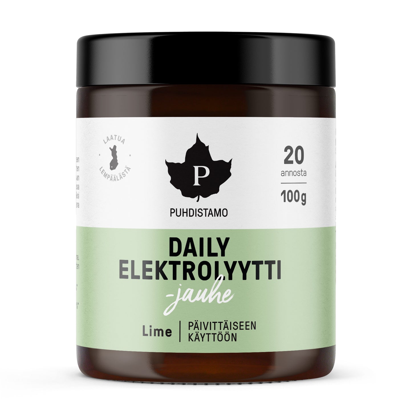 Eine braune Dose mit schwarzem Deckel enthält Puhdistamo Daily Electrolyte Powder Lime (100 g, 20 Portionen). Das grün-weiße Etikett zeigt ein schwarzes Blattlogo - perfekt für den täglichen Flüssigkeitsbedarf.