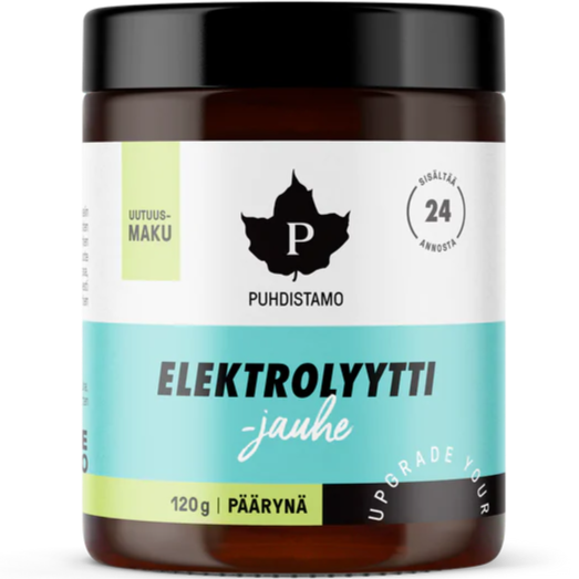 Eine Dose Puhdistamo Elektrolytpulver Birne, ein zuckerfreies Elektrolytpulver von Puhdistamo, wird in einem braunen Behälter mit schwarzem Deckel geliefert und weist ein blaugrünes und weißes Etikett mit schwarzem Text und einem Blattlogo auf. Die Verpackung ist in finnischer Sprache beschriftet.