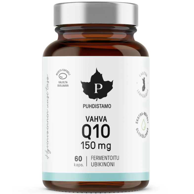 Eine braune Glasflasche mit der Aufschrift Puhdistamo High-Strength Q10 Ubiquinone 150 mg von Puhdistamo, die 60 Kapseln zur Unterstützung des Energiestoffwechsels enthält. Mit silbernem Verschluss und weißem Etikett mit schwarzen und grünen Akzenten in finnischer Sprache.