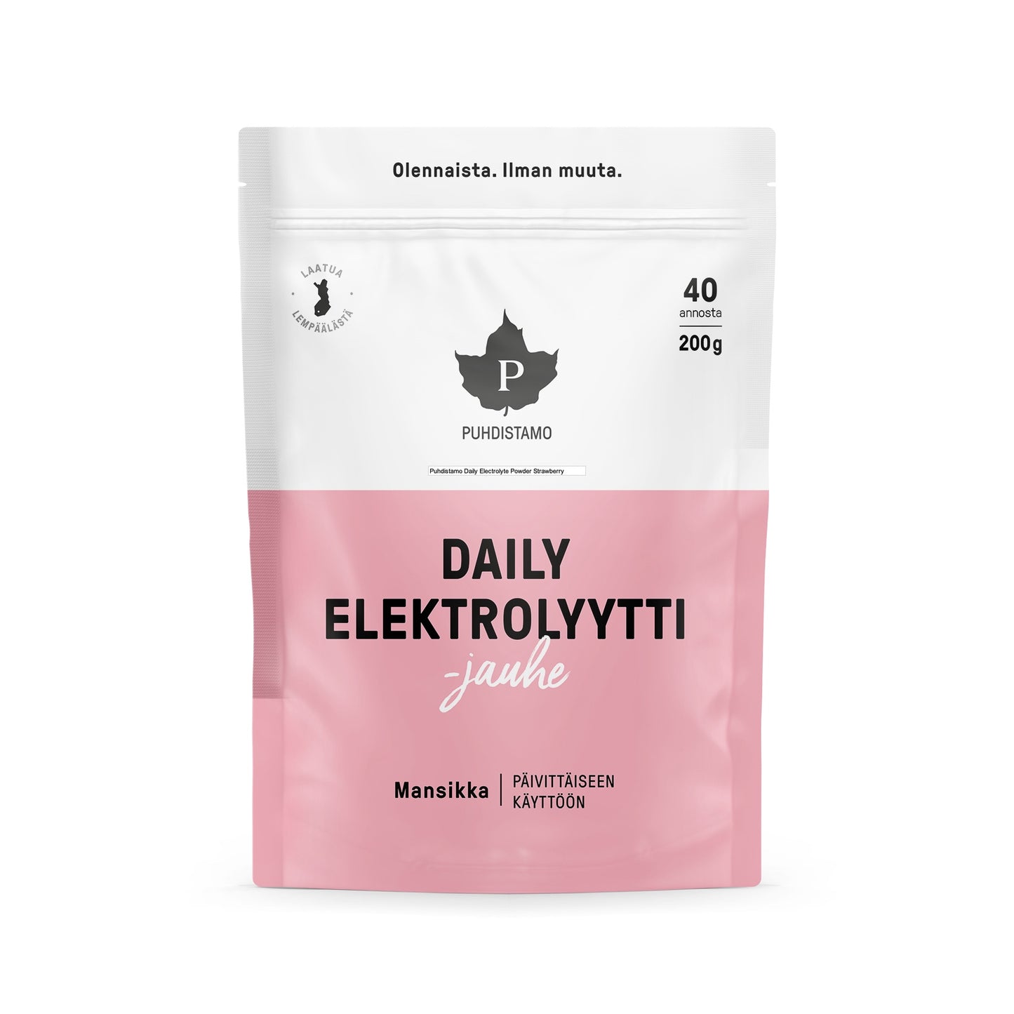 Ein weißer und rosafarbener Beutel mit der Aufschrift Puhdistamo Daily Electrolyte Powder Strawberry, ein finnisches Produkt mit 40 Portionen (200 g) mit natürlichem Erdbeergeschmack, entwickelt von Puhdistamo für die tägliche Flüssigkeitszufuhr und den täglichen Gebrauch.