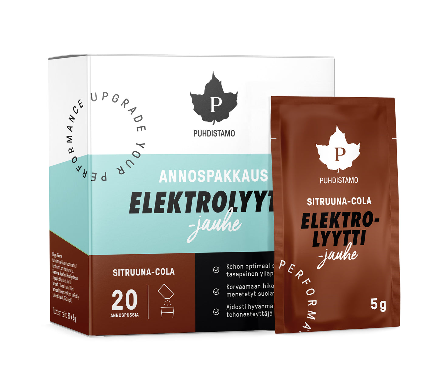 Eine Schachtel und ein Beutel Puhdistamo Electrolyte Powder Lemon & Cola von Puhdistamo, ein ketofreundlicher Flüssigkeitsschub in weißer, blauer und brauner Verpackung mit Produktdetails und dem charakteristischen Blattlogo.