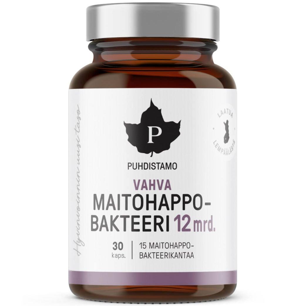 Eine braune Glasflasche mit der Aufschrift Puhdistamo Strong Probiotic 12 Billion CFU von Puhdistamo, enthält 30 Kapseln probiotisches Ergänzungsmittel für die Darmgesundheit, mit einem weißen Etikett mit schwarzem Text und einem grauen Blatt-Logo.